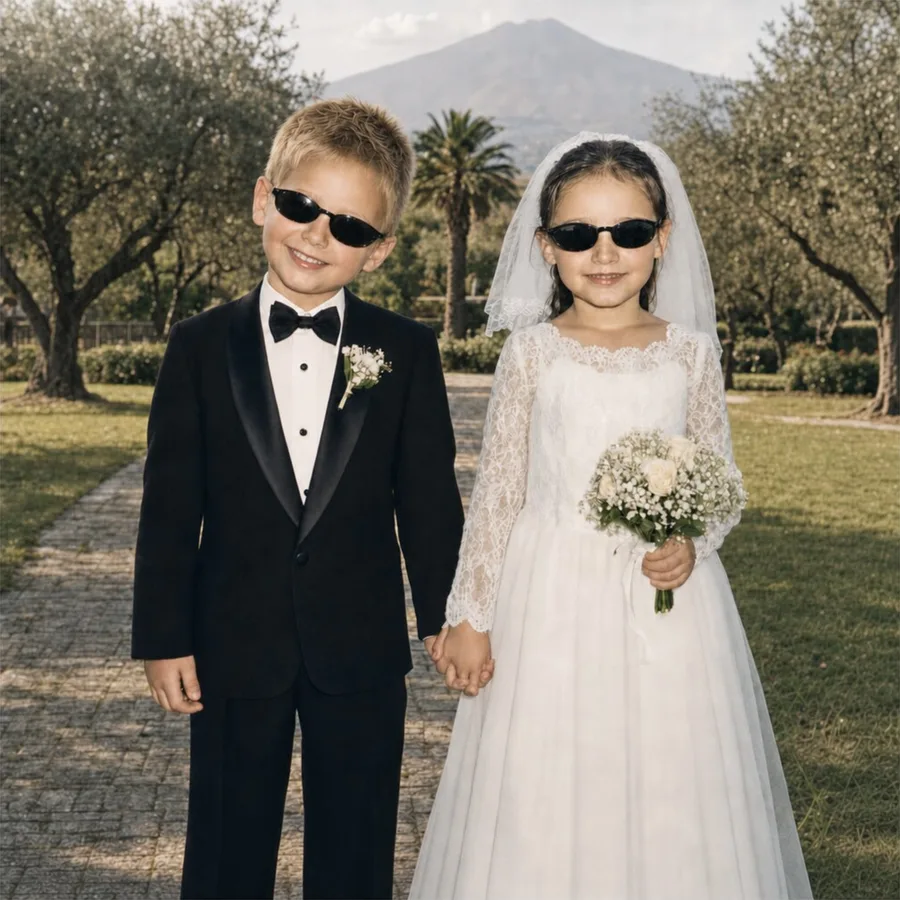 Lisa-Nil and Jules as children, dressed as bride and groom, wearing sunglasses, in an olive grove with Etna behind